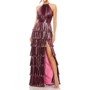 Mac Duggal women’s Leena Heat Pleated Tiered Ruffle Metallic Rose Gown